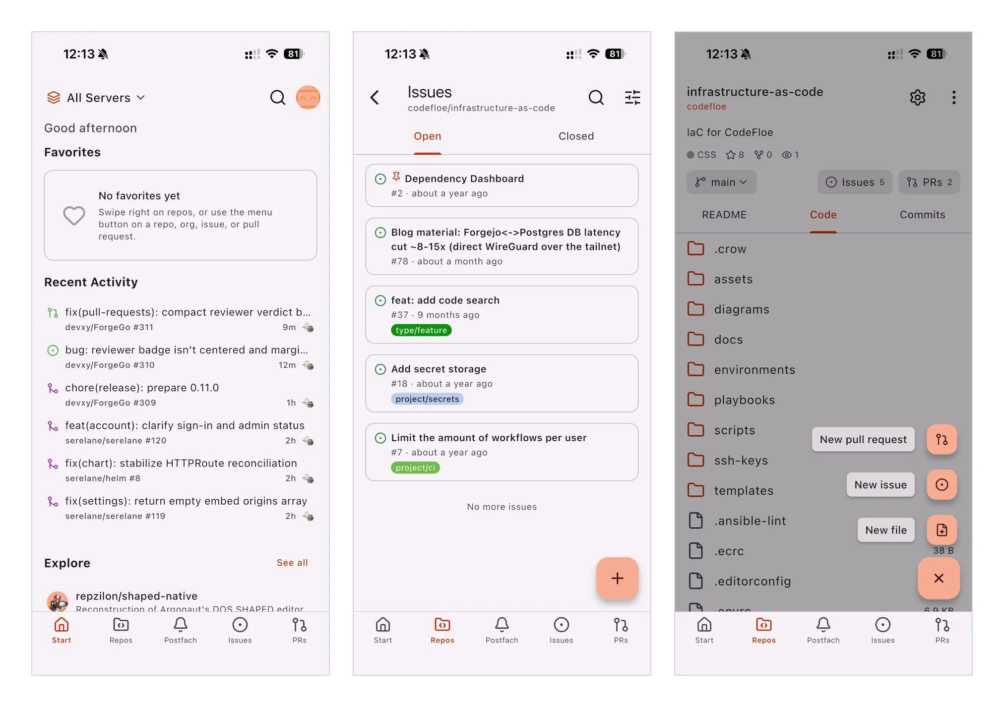 ForgeGo on iOS: the home screen across all servers, an issue list, and a repository's files